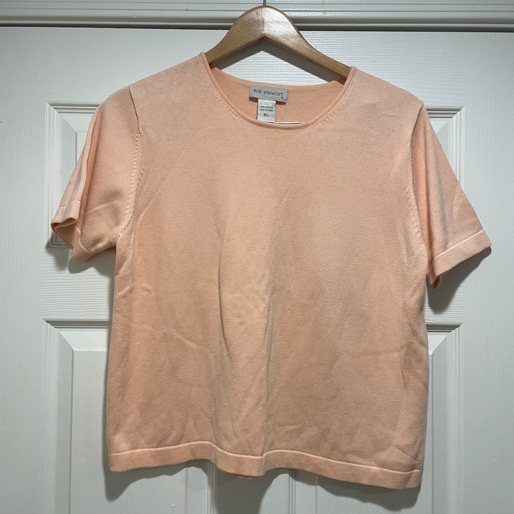 Erik Stewart Womens Sweater XL Peach 100% Cotton Short Sleeve Crew Neck Knit Top